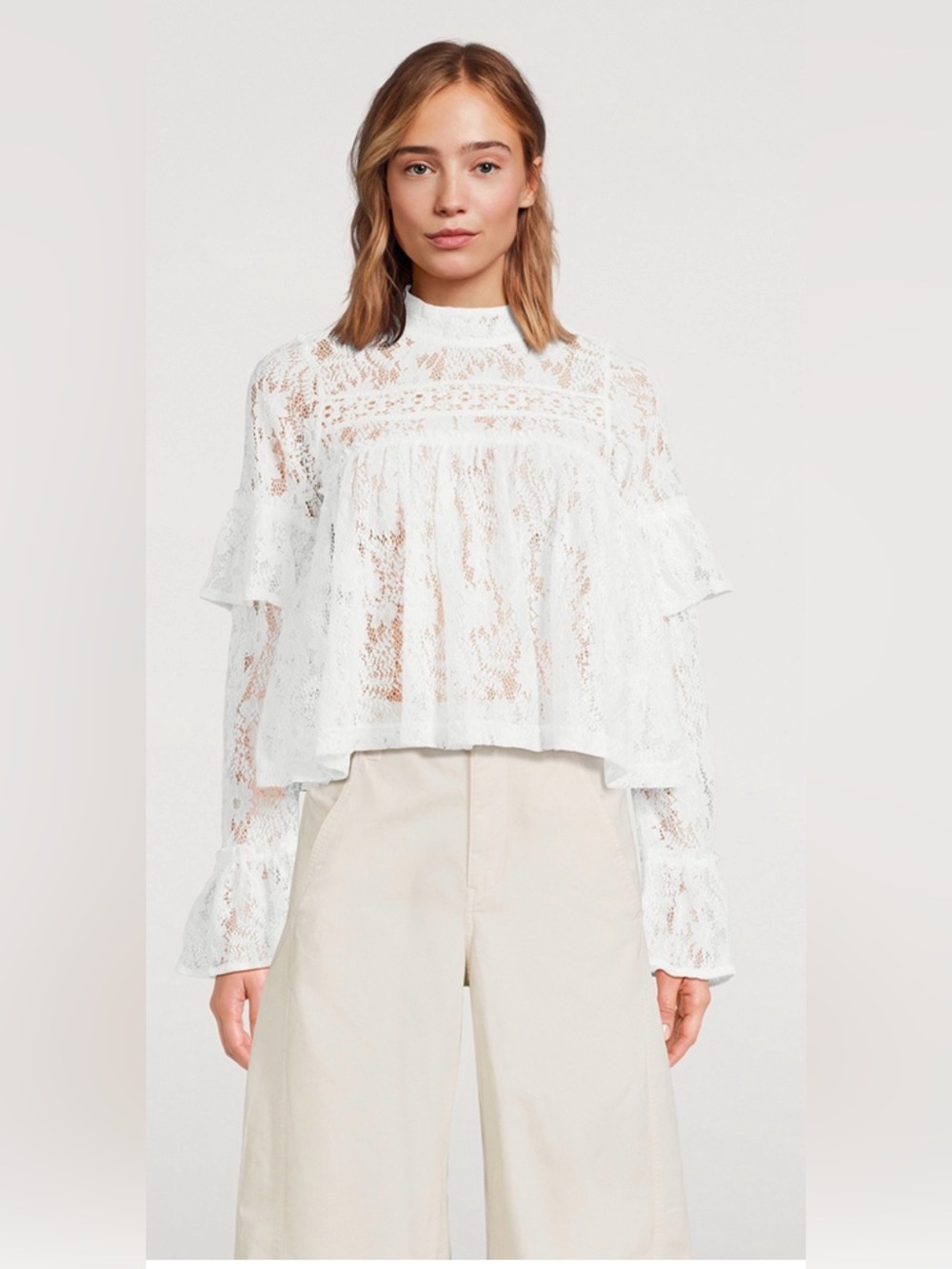 Free People Lilabeth Openwork Lace Blouse Ivory Sheer Ruffle Top Small Brand New